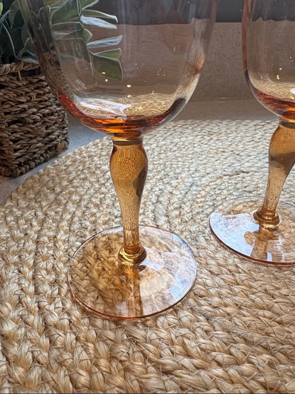 (4) Vintage Amber Etched Wine Glasses - Depression Era